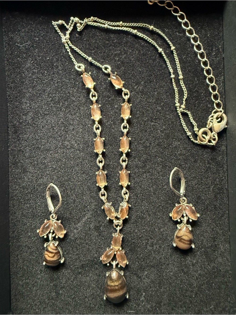 Avon Pewter necklace and earrings set with brown stones